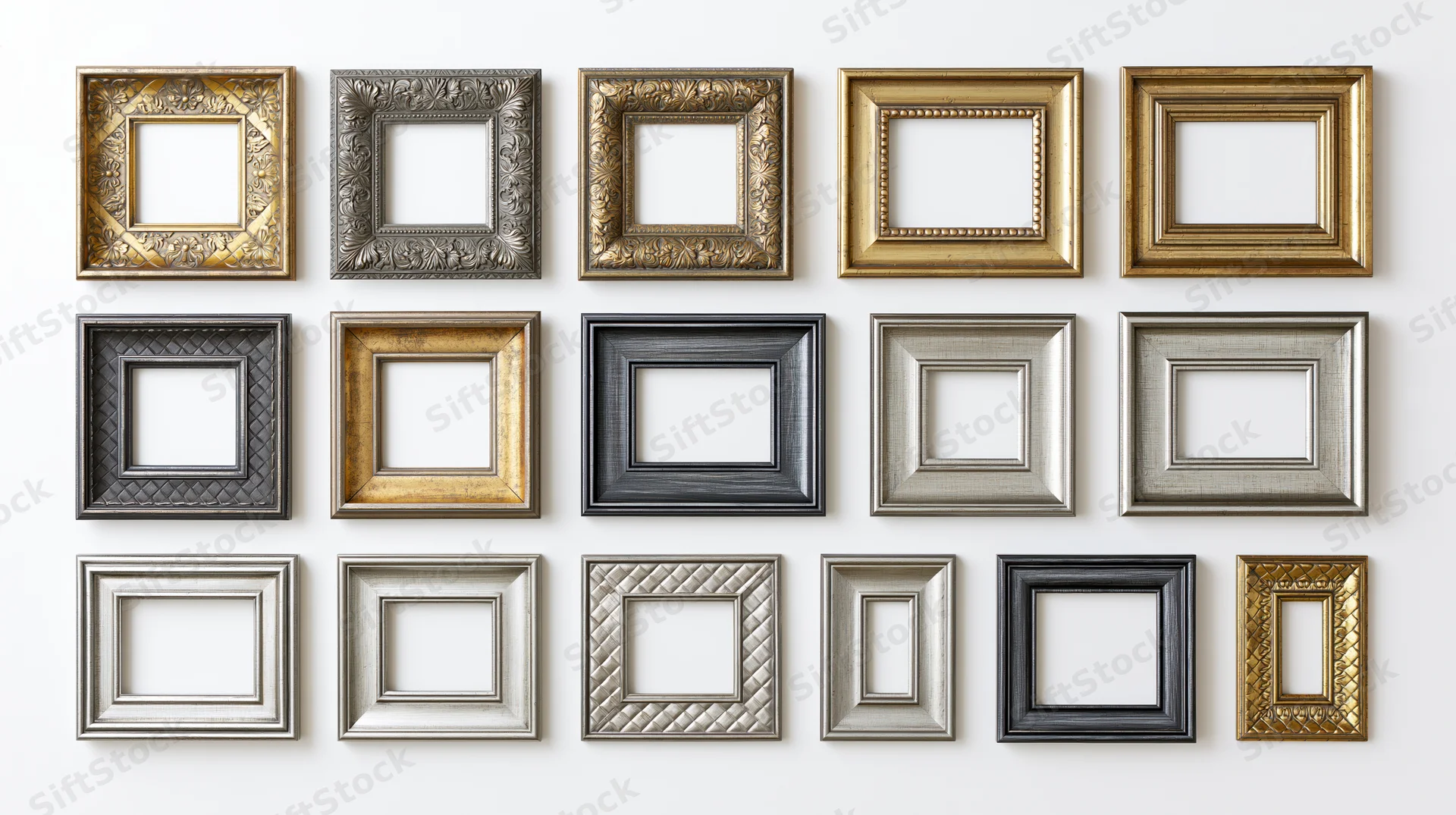 Eighteen ornate picture frames arranged in a grid on a white wall