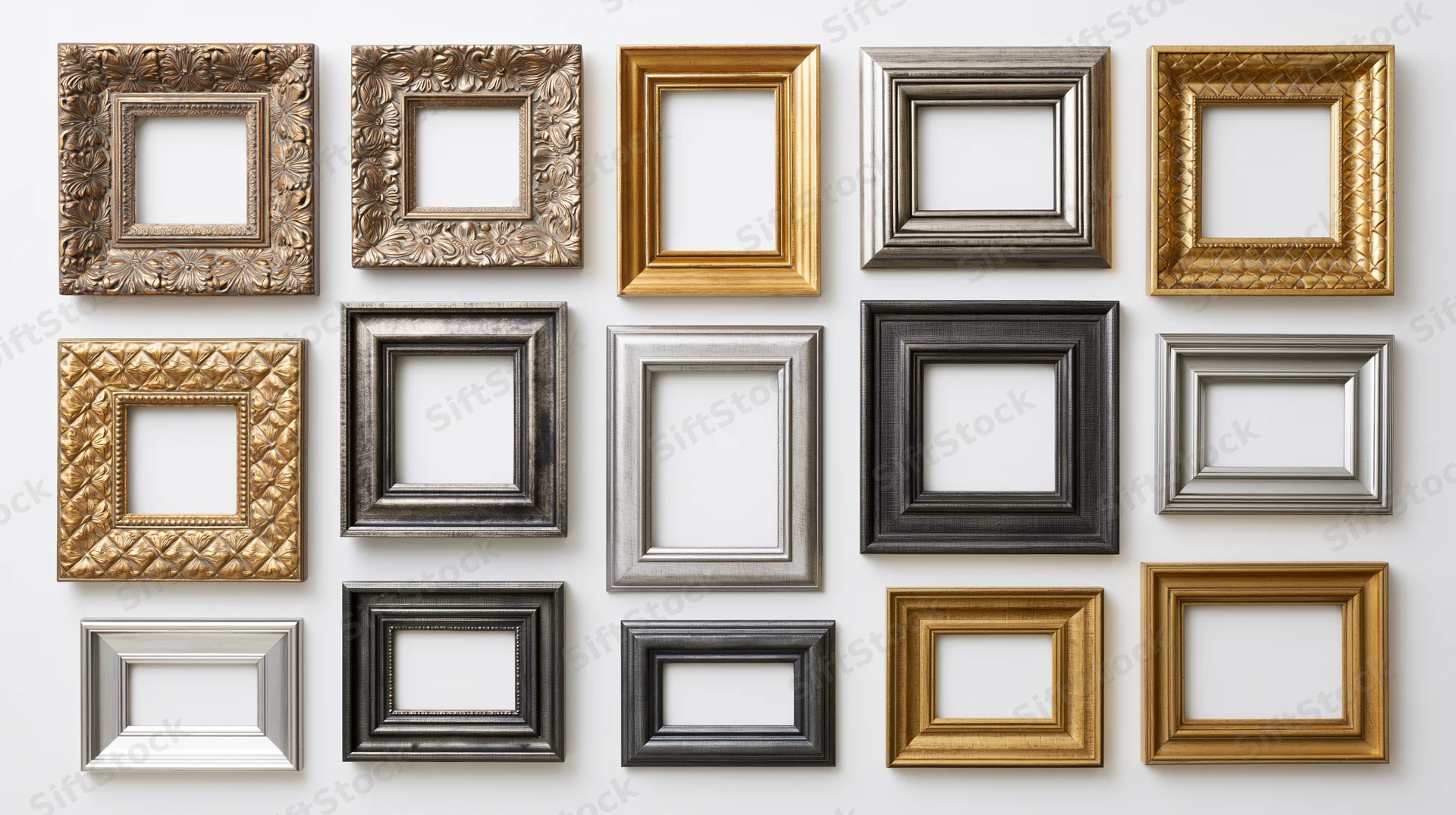 Eighteen ornate picture frames arranged in a grid on a white wall