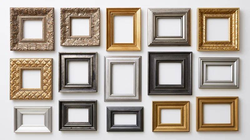 Eighteen ornate picture frames arranged in a grid on a white wall