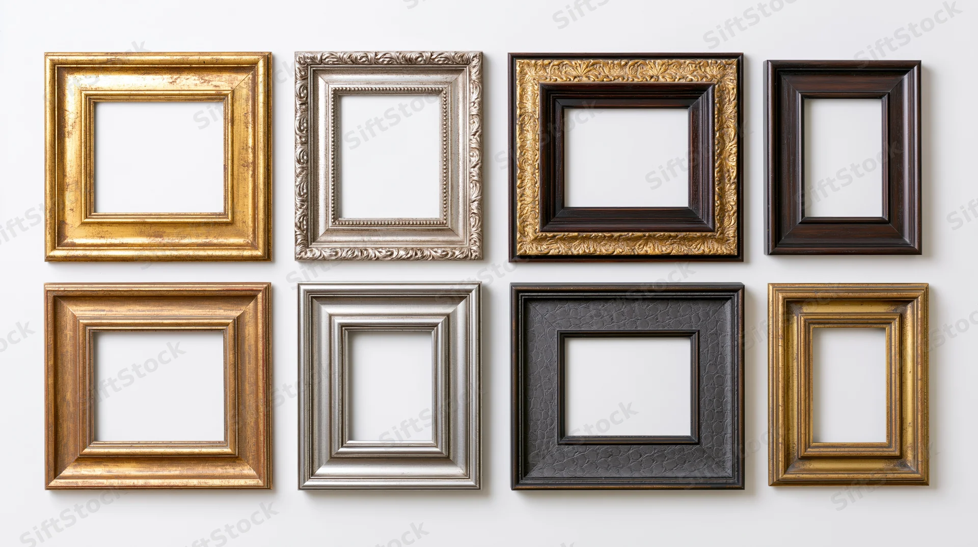 Eight ornate picture frames arranged in two rows on a white wall
