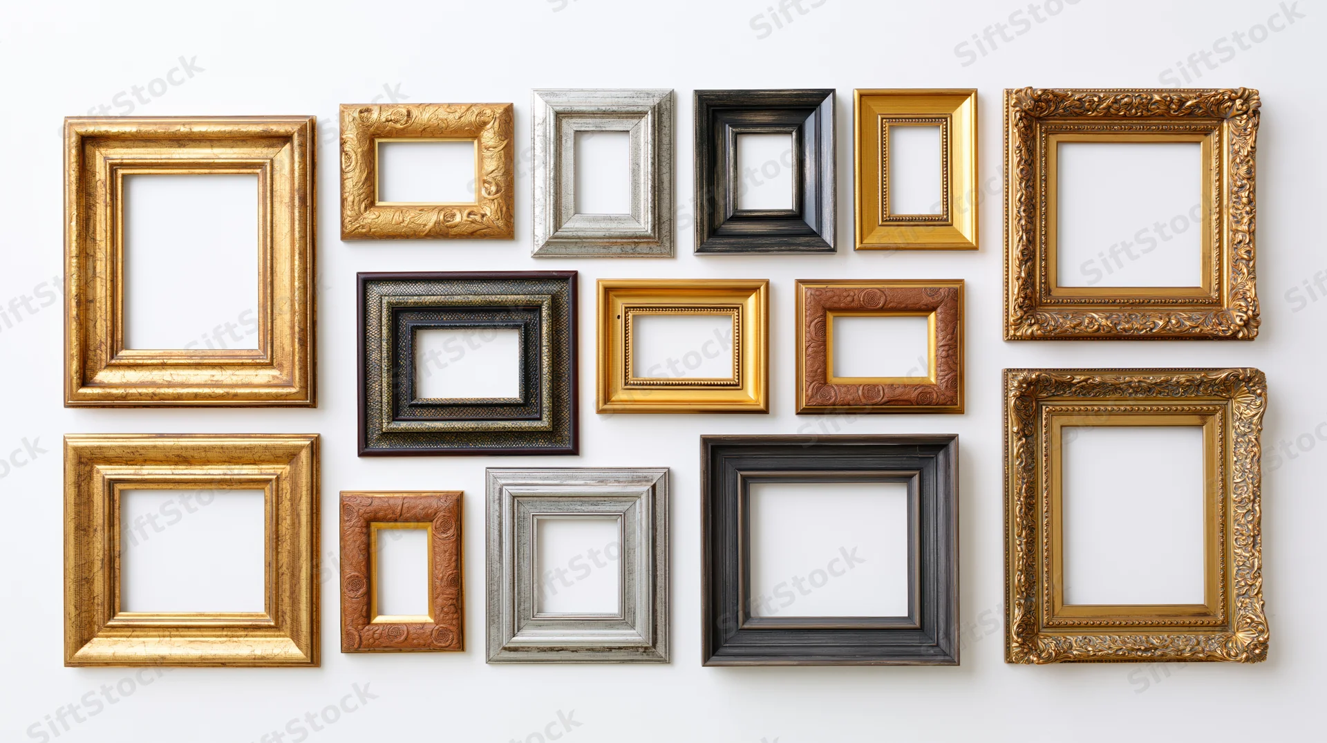 Fourteen ornate picture frames arranged in a grid on a white wall
