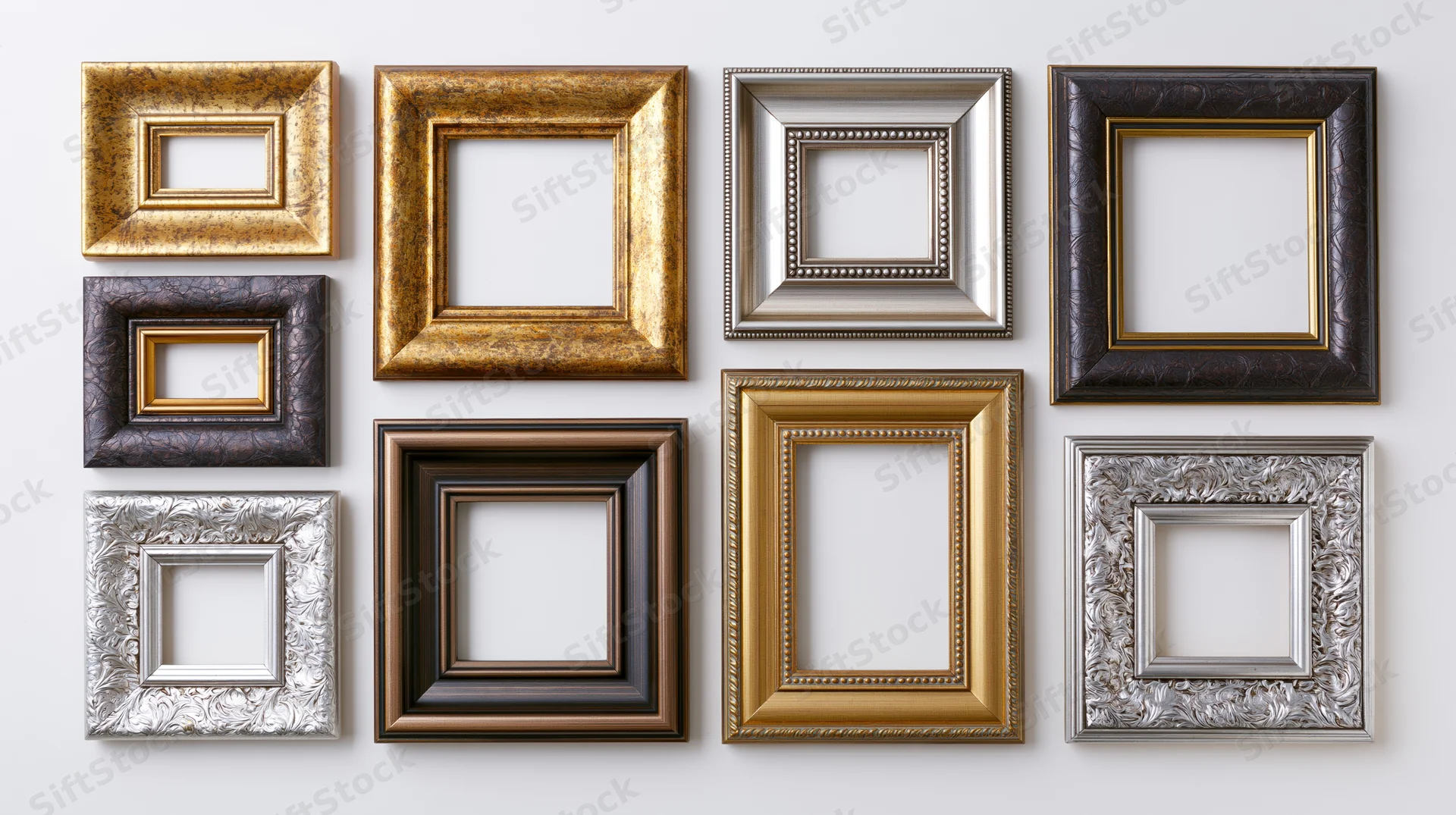 Collection of ornate picture frames arranged in a grid on a white wall