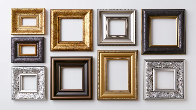 Collection of ornate picture frames arranged in a grid on a white wall
