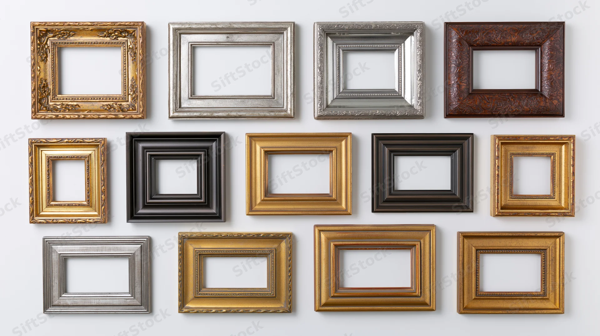 Fourteen ornate picture frames arranged in a grid on a white wall