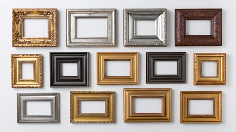 Fourteen ornate picture frames arranged in a grid on a white wall