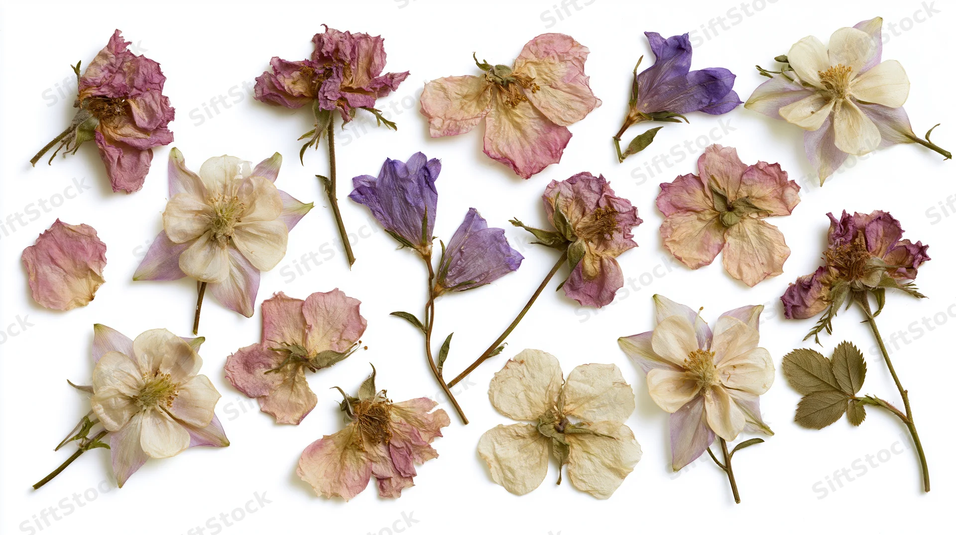 Dried flowers arranged in a flat lay on white background