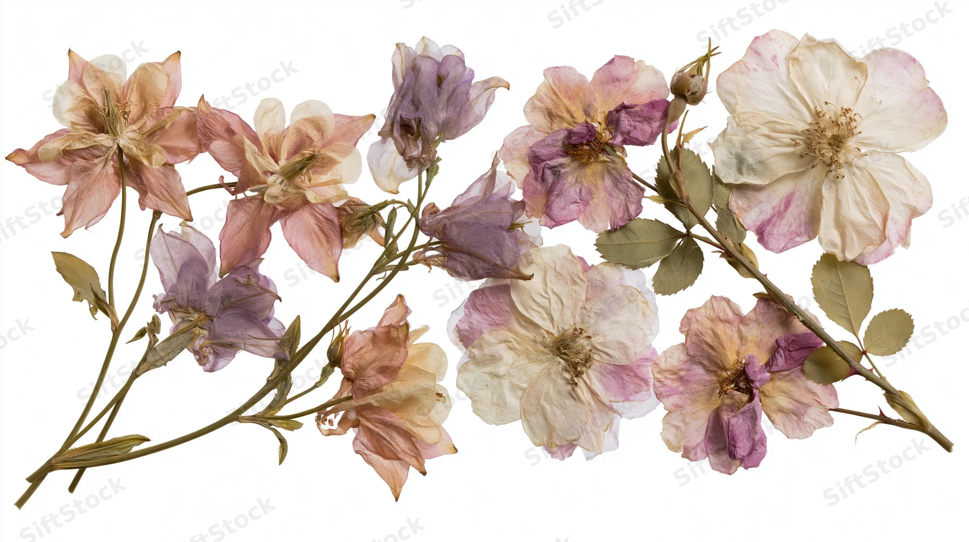 Pressed dried botanical specimens arranged on white background