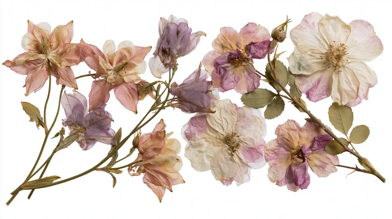 Pressed dried botanical specimens arranged on white background