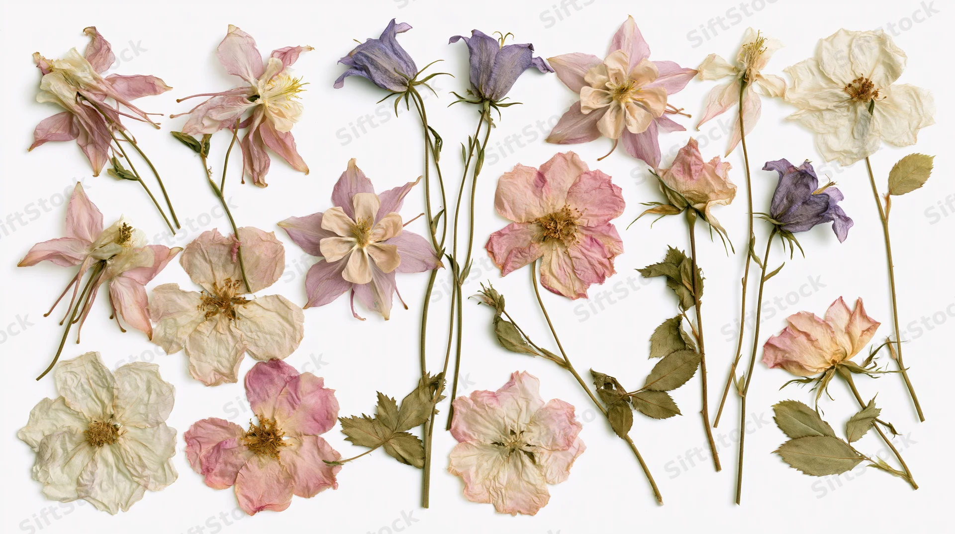 Pressed dried flowers arranged on white background