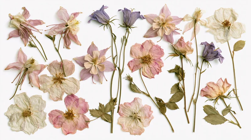 Pressed dried flowers arranged on white background