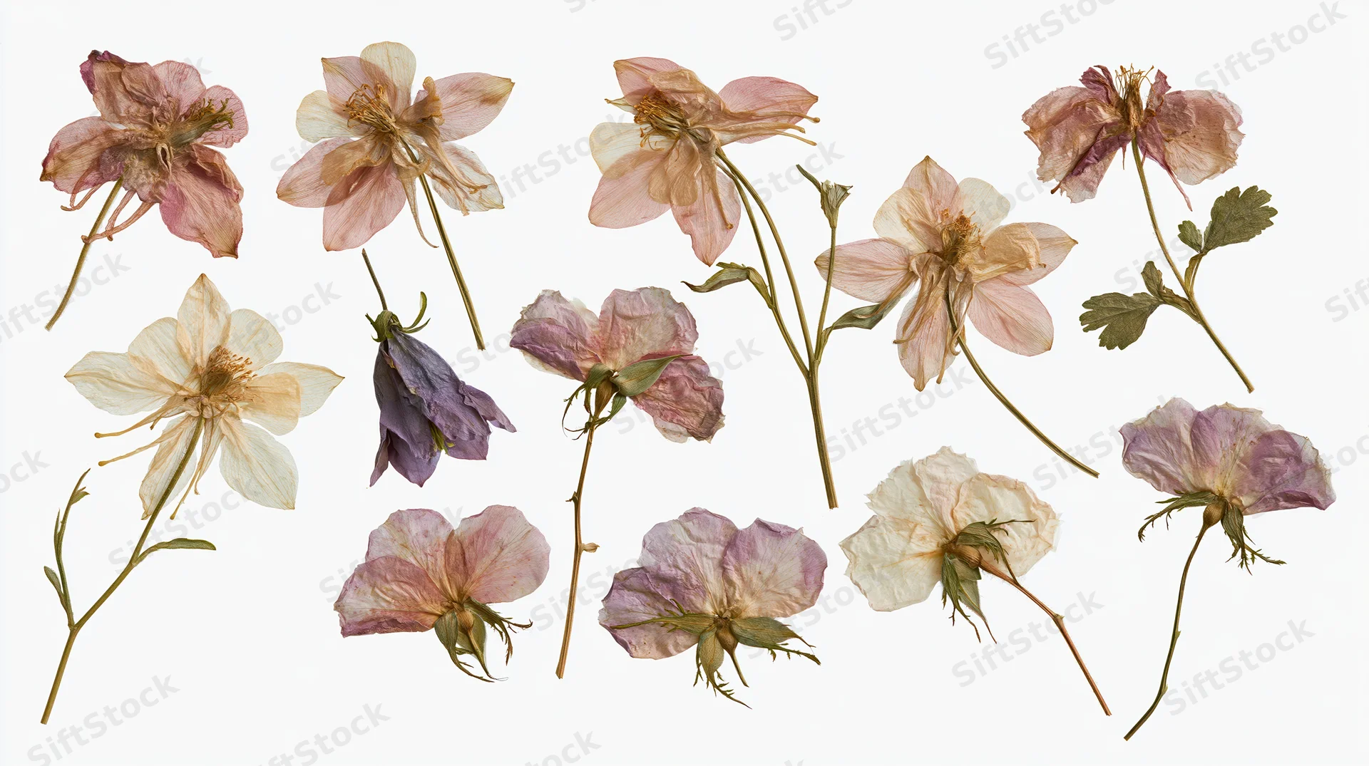 Pressed dried flowers arranged on white background