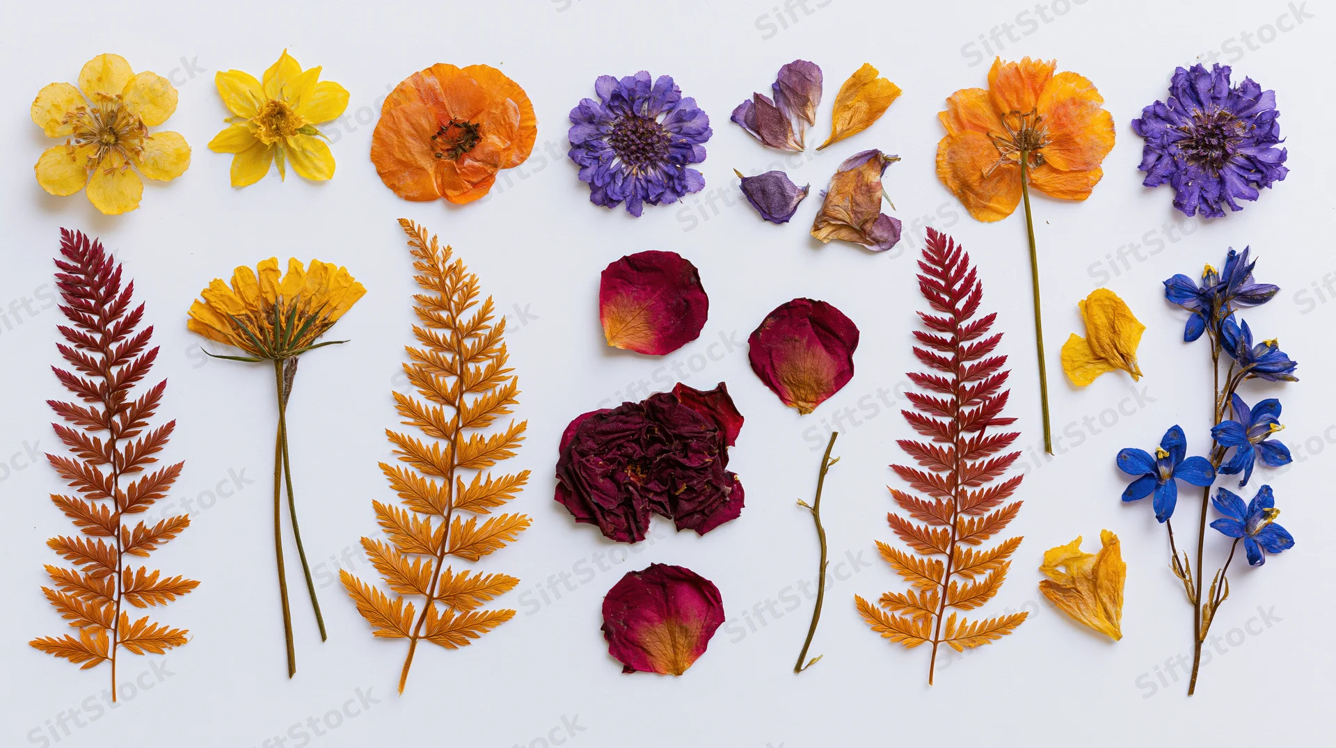 Pressed dried wildflowers and fern fronds arranged in rows on white background