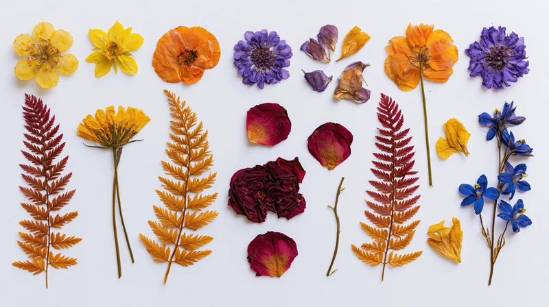 Pressed dried wildflowers and fern fronds arranged in rows on white background
