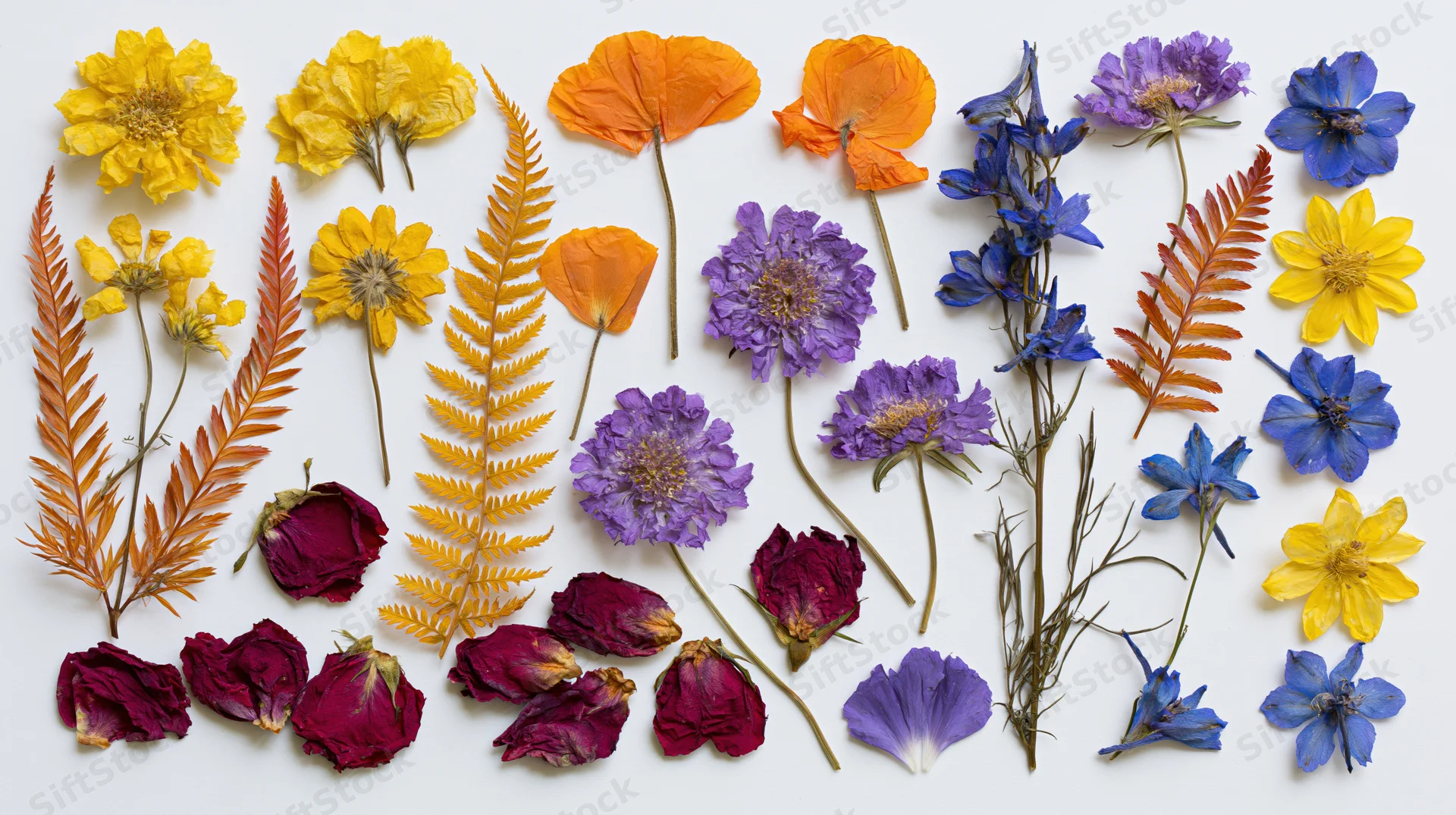 Pressed and dried wildflowers and fern fronds arranged in a flat lay on white background