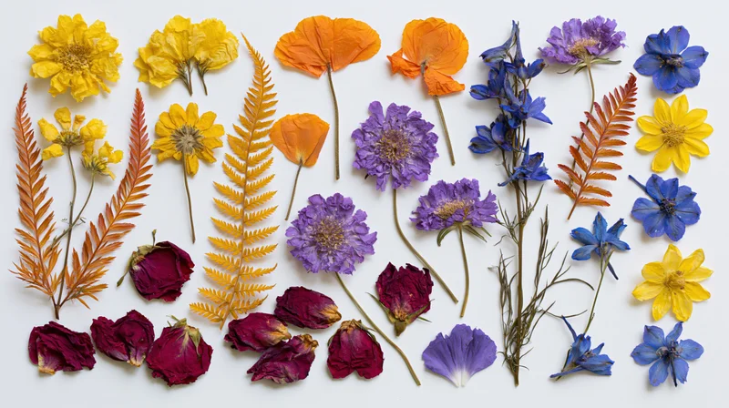 Pressed and dried wildflowers and fern fronds arranged in a flat lay on white background