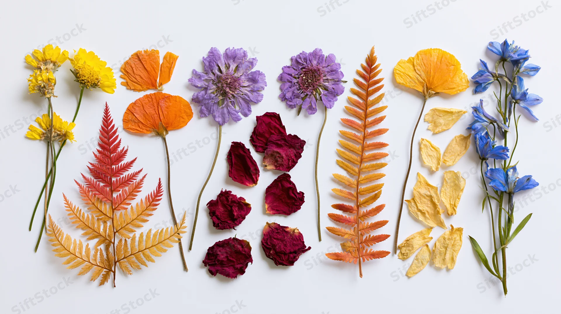 Pressed dried wildflowers and fern fronds arranged in a row on white background