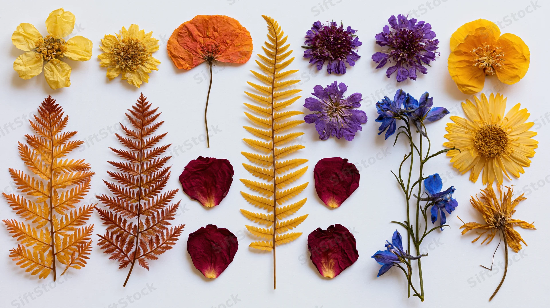 Pressed dried wildflowers and fern fronds arranged on white background