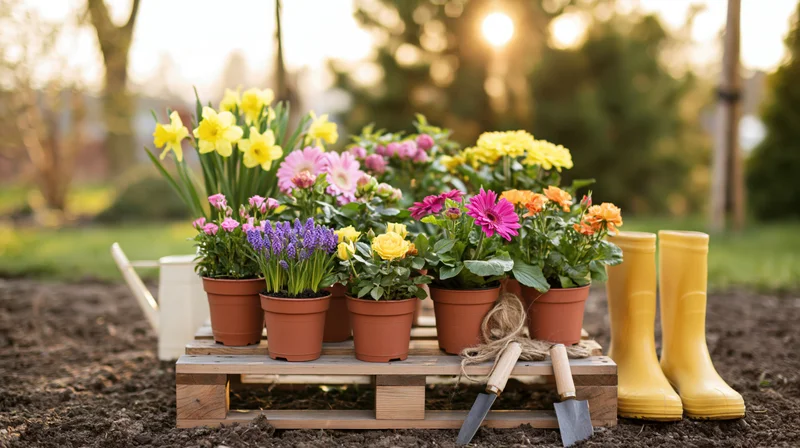 Spring flowering plants in terracotta pots arranged on a wooden pallet with gardening tools and boots on soil at sunset