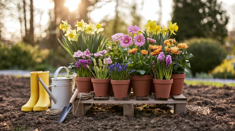 Spring flowering plants in terracotta pots arranged on a wooden pallet in a garden with gardening tools nearby