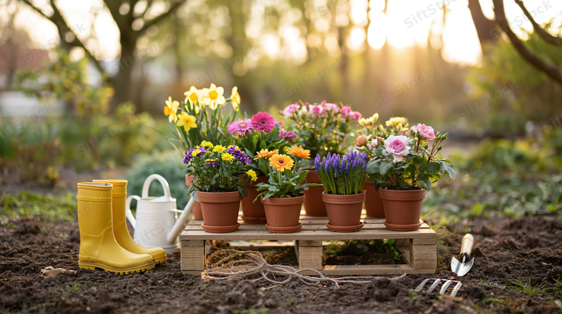 Spring flowering plants in terracotta pots arranged on a wooden pallet in a garden with gardening tools and boots nearby