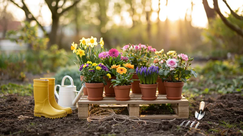 Spring flowering plants in terracotta pots arranged on a wooden pallet in a garden with gardening tools and boots nearby