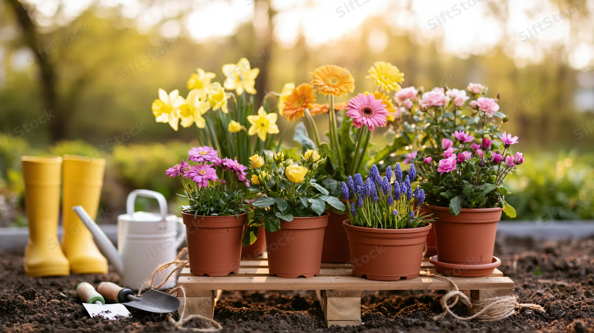 Spring flowering plants in terracotta pots arranged on a wooden pallet in a garden with gardening tools nearby