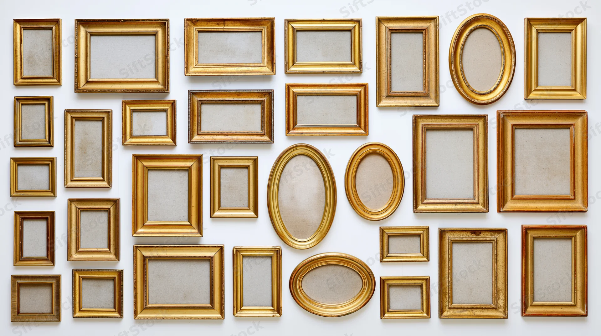 Collection of vintage ornate gold picture frames arranged in a grid on a white wall