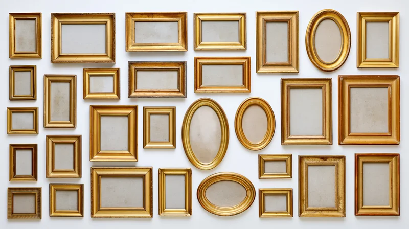 Collection of vintage ornate gold picture frames arranged in a grid on a white wall