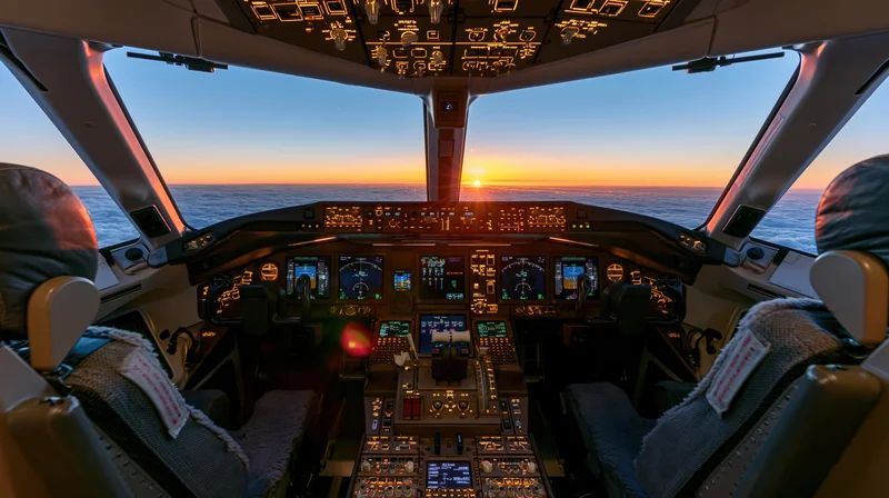 Cockpit interior of a commercial airliner at sunset over ocean