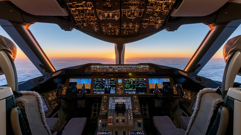 Cockpit interior of a commercial airliner with illuminated controls and sunset view over clouds