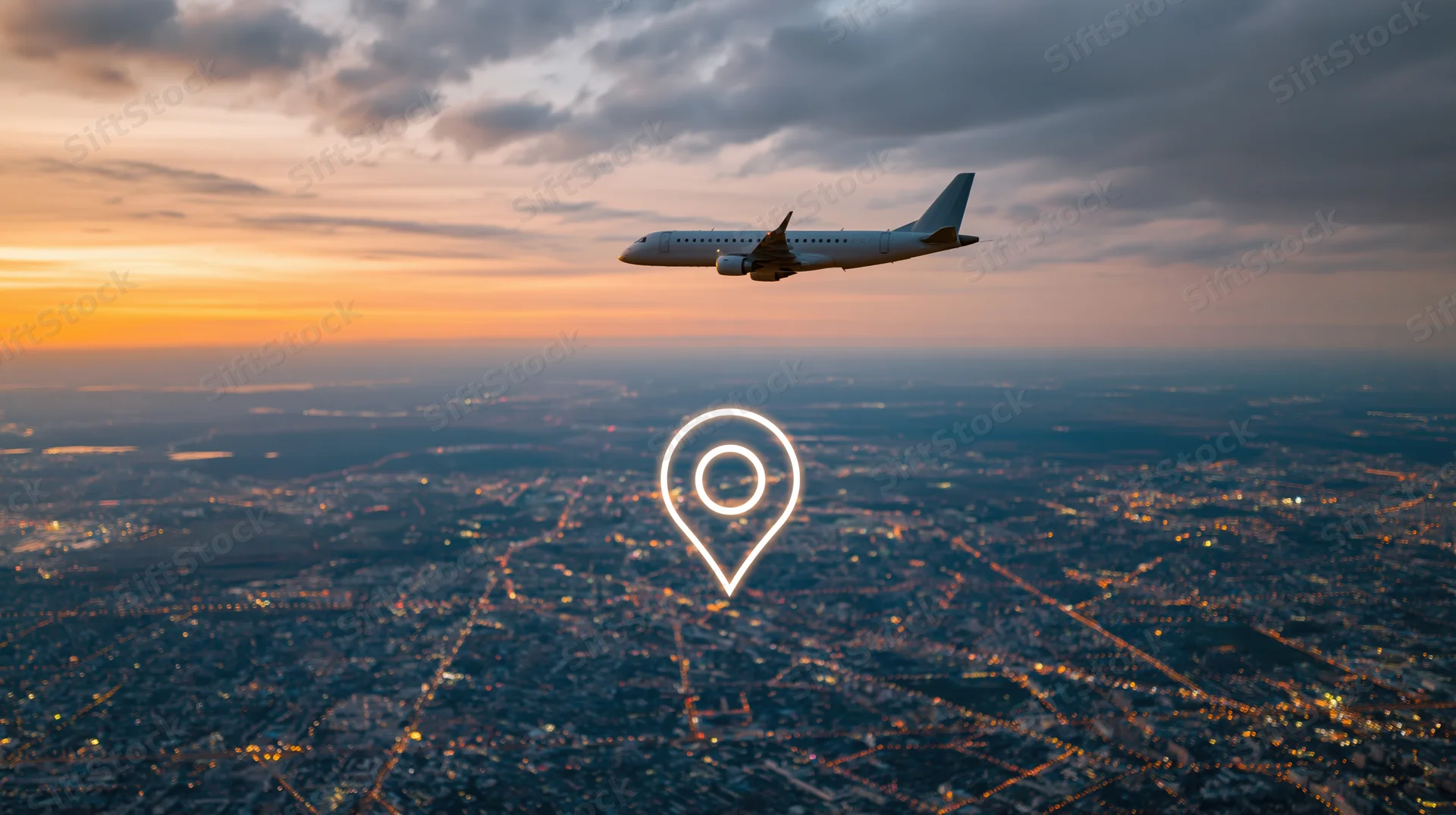 Commercial airplane flying over illuminated city at dusk with location pin overlay