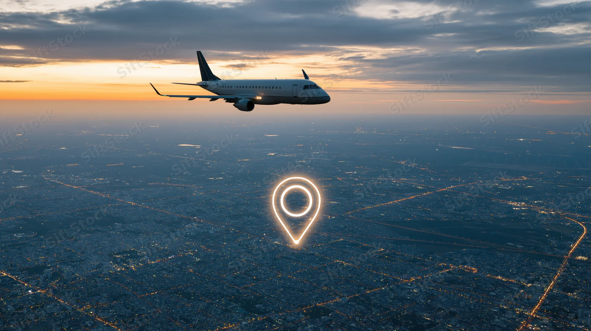 Commercial airplane flying over illuminated cityscape at sunset