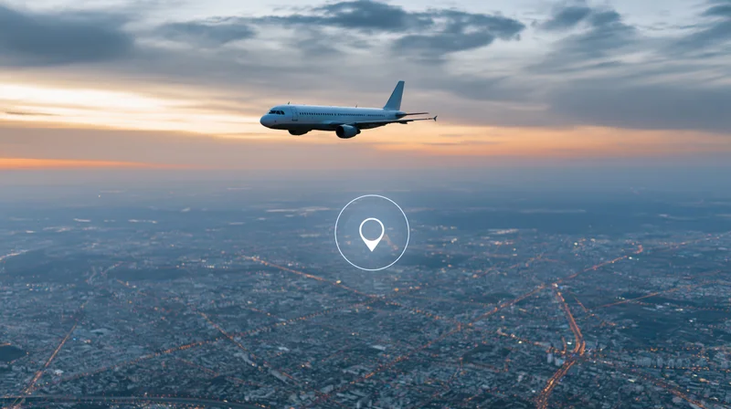Commercial airplane flying over sprawling city at dusk with location pin overlay
