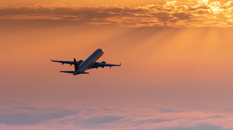 Commercial passenger jet climbing above cloud layer at sunset