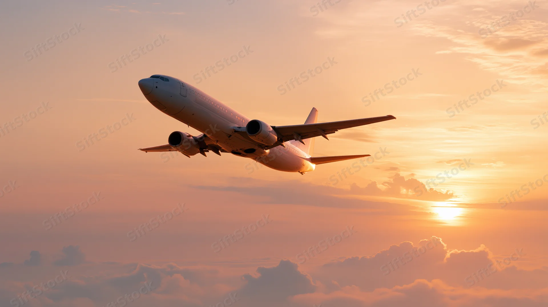 Commercial passenger jet climbing above clouds at sunset