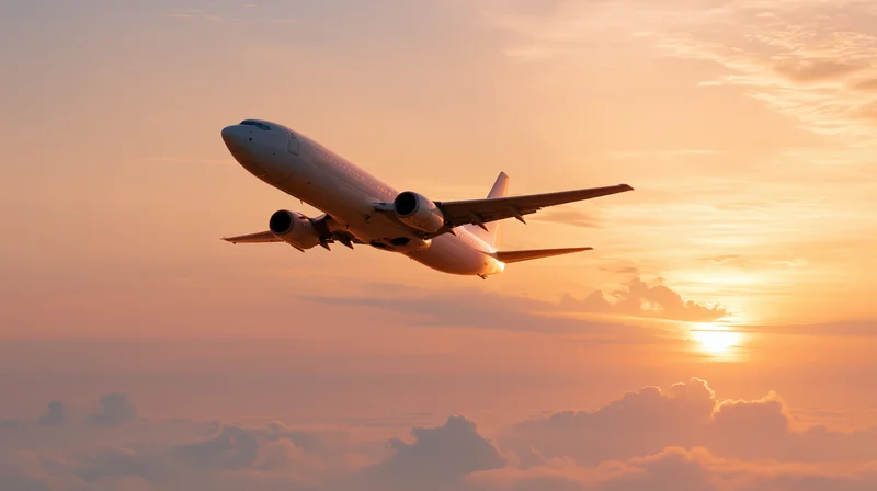 Commercial passenger jet climbing above clouds at sunset