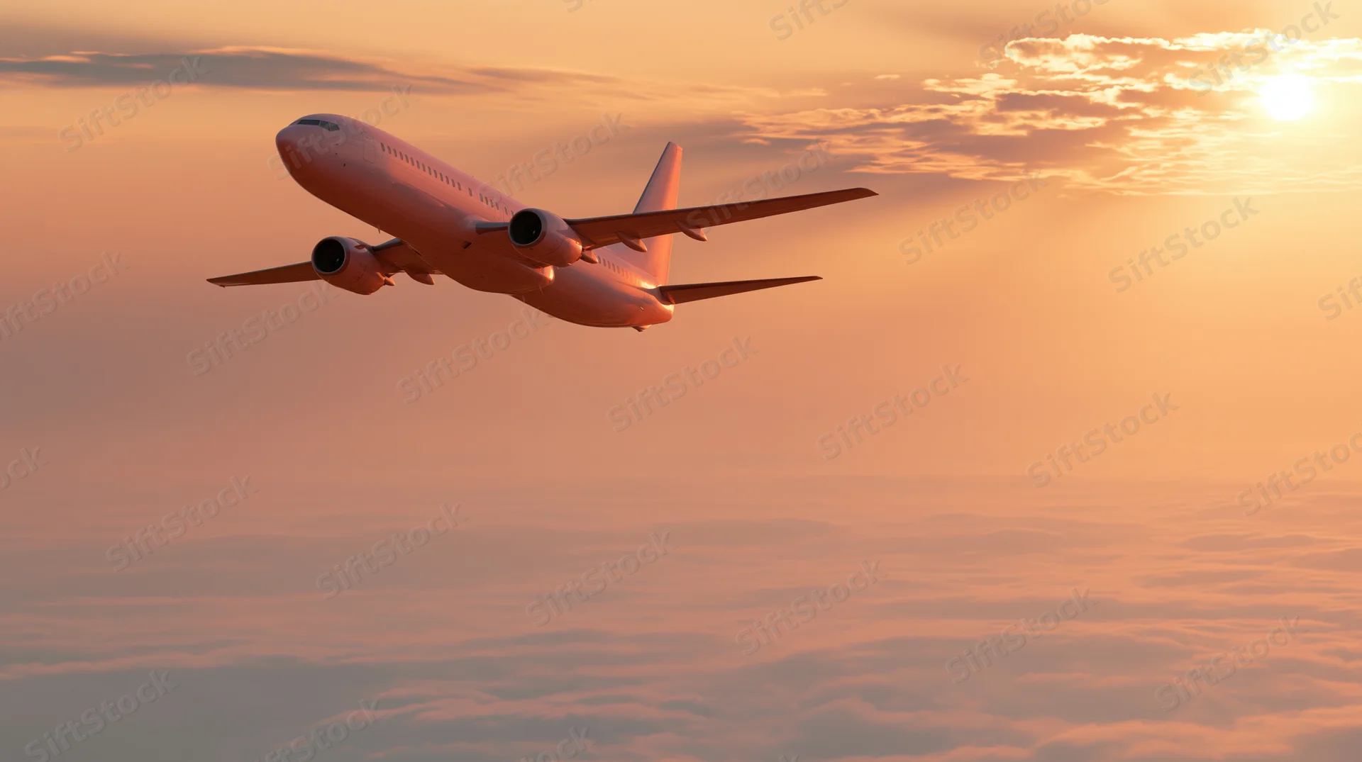 Commercial passenger jet climbing above cloud layer at sunset