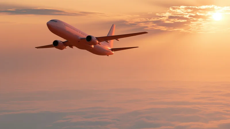 Commercial passenger jet climbing above cloud layer at sunset
