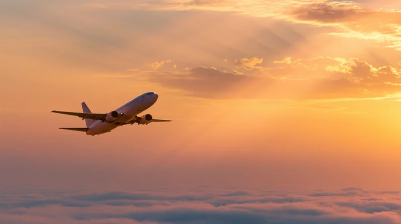 Commercial passenger jet climbing above cloud layer at sunset