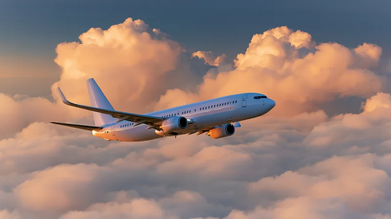 Commercial passenger jet cruising above thick cloudscape at sunset