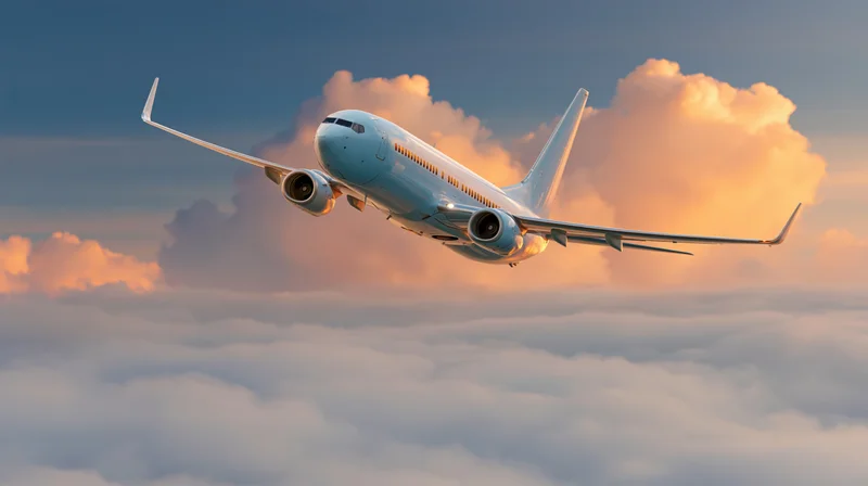 Commercial passenger jet cruising above thick cloudscape at sunset