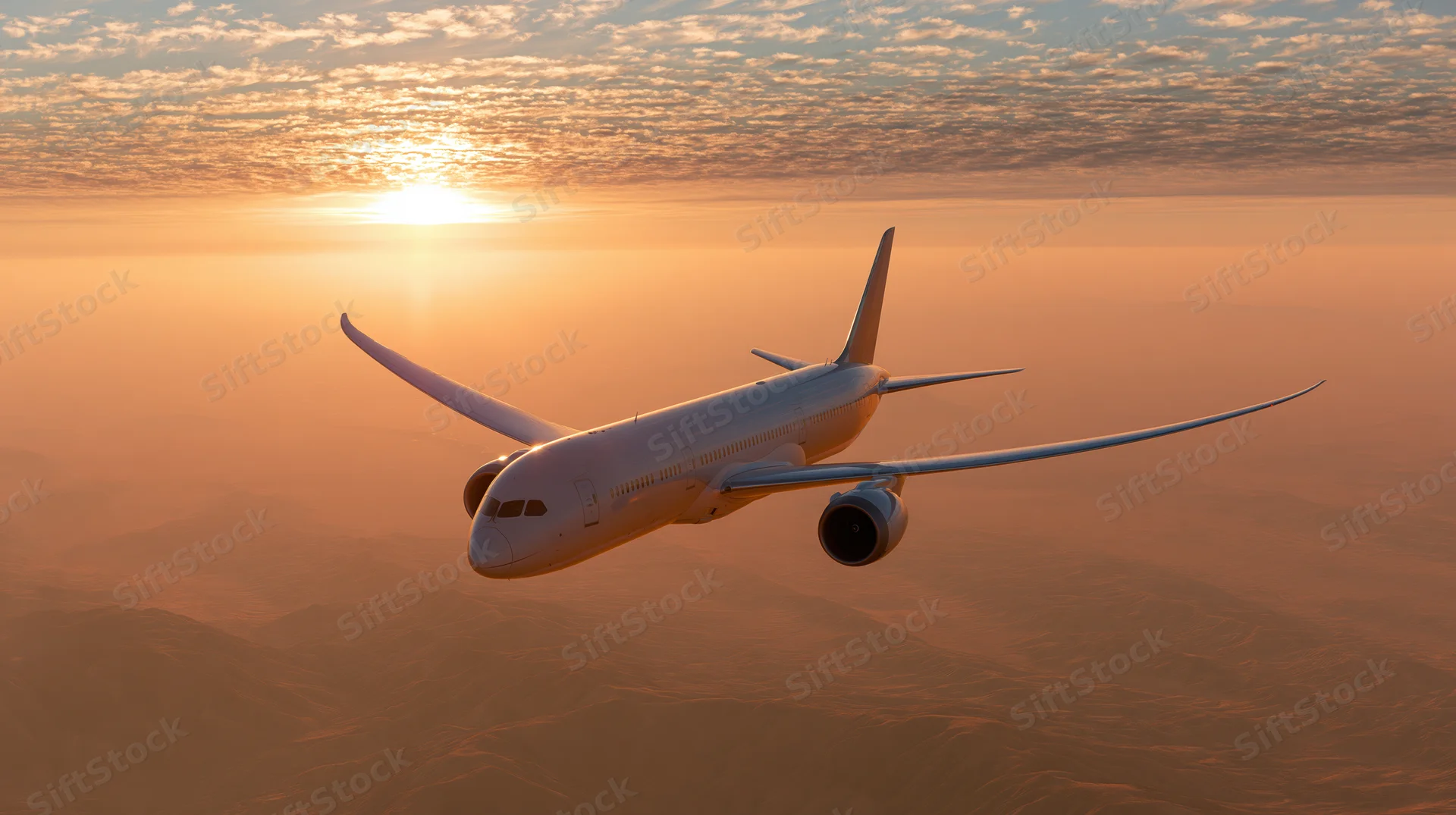 Commercial passenger jet banking in flight above clouds at sunset