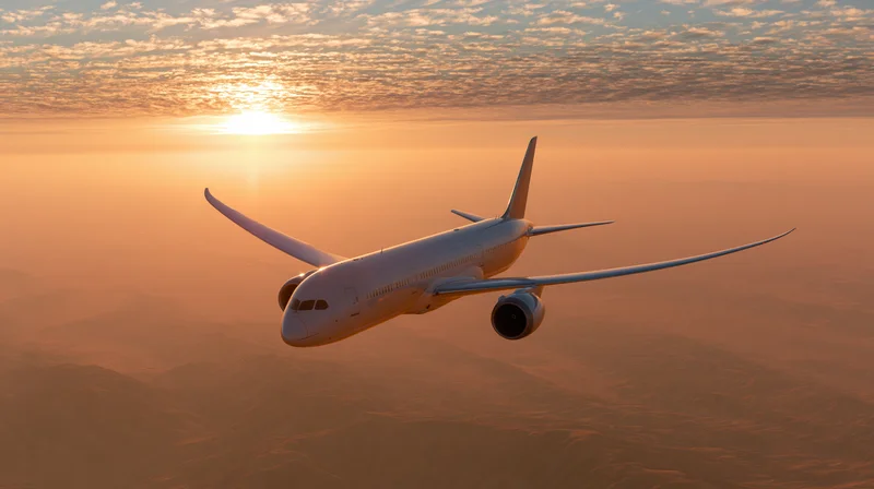Commercial passenger jet banking in flight above clouds at sunset