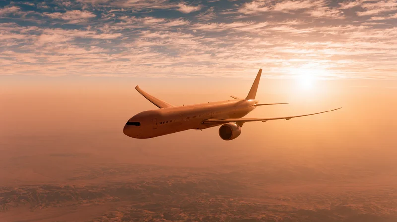 Commercial passenger jet cruising at altitude banking slightly against sunset sky