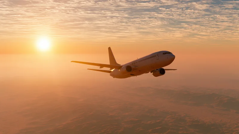 Commercial passenger jet cruising at altitude banking slightly above clouds during sunset