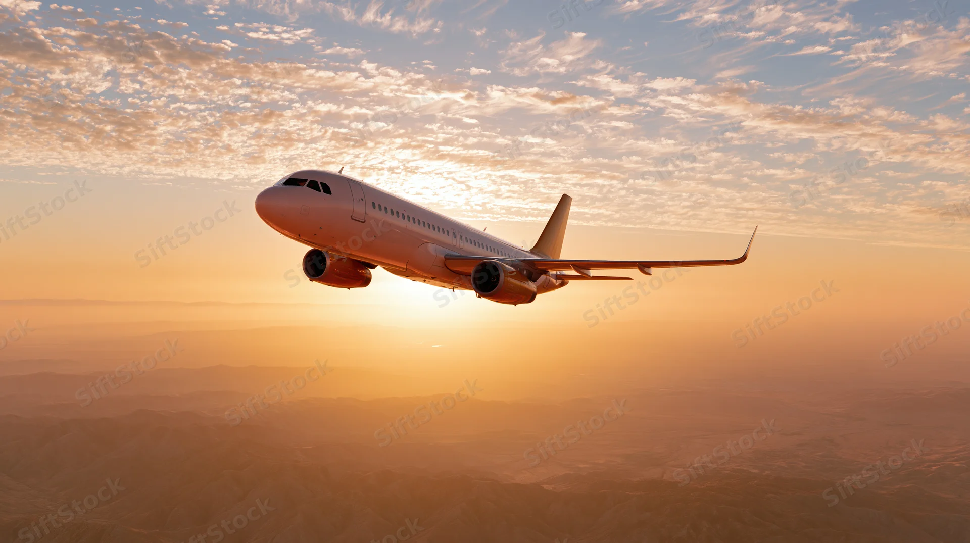 Commercial passenger jet cruising at altitude banking slightly above mountainous terrain at sunset