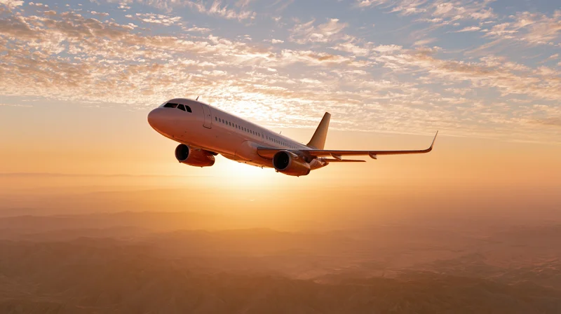 Commercial passenger jet cruising at altitude banking slightly above mountainous terrain at sunset