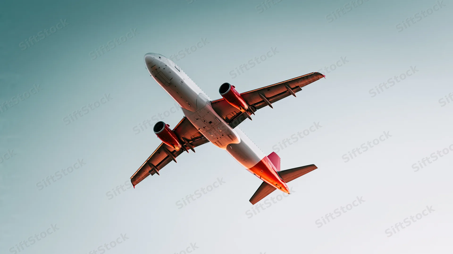 Commercial passenger jet flying overhead viewed from below against clear sky
