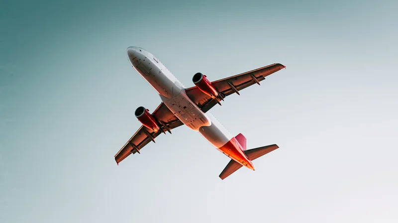 Commercial passenger jet flying overhead viewed from below against clear sky