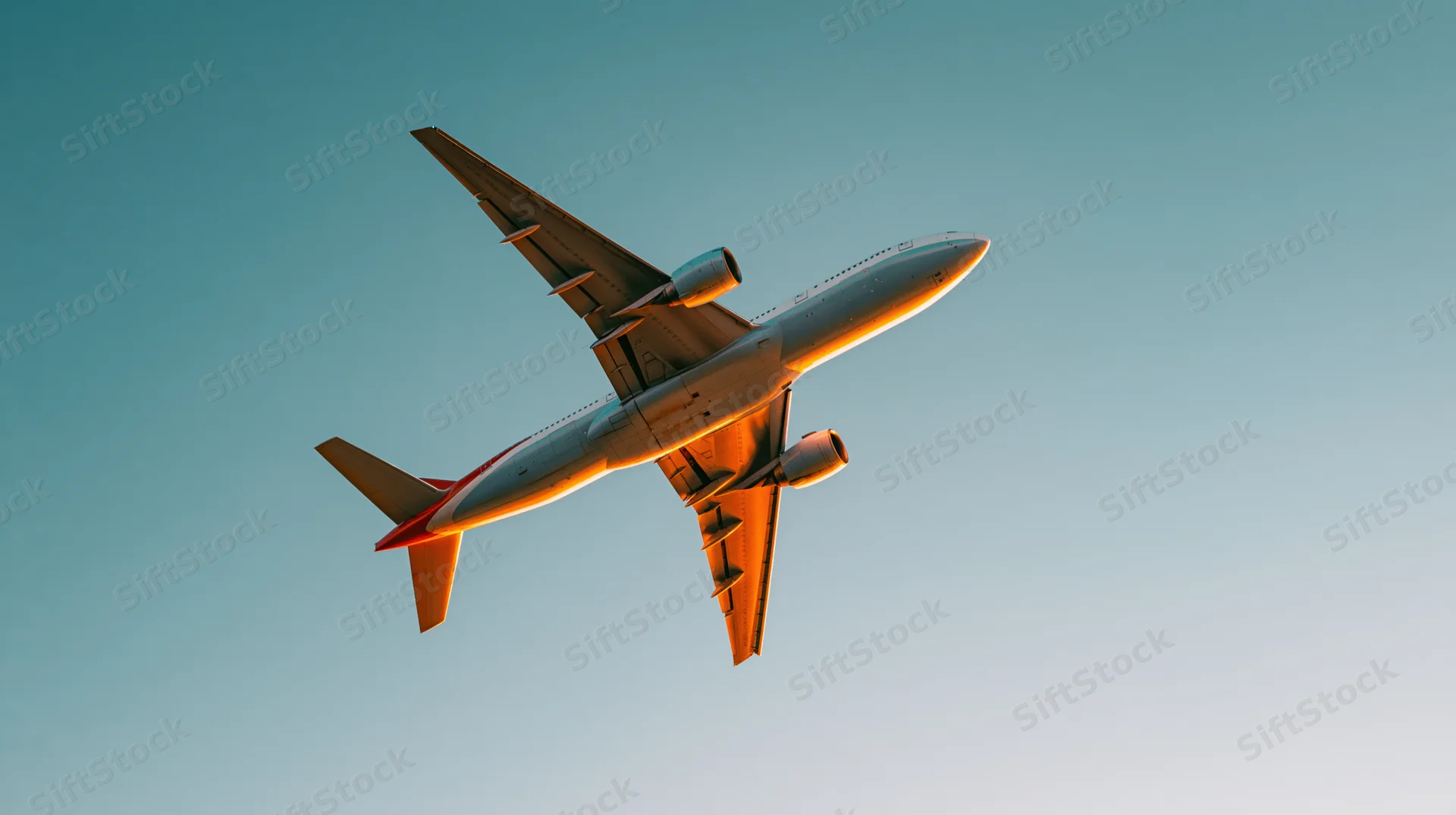 Commercial passenger jet flying overhead against a twilight sky